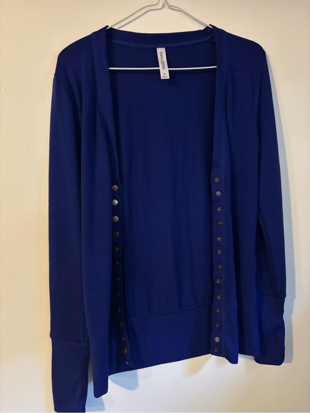 ZENANA OUITFITTERS Royal Blue Open-Front Snap-Trim Cardigan
